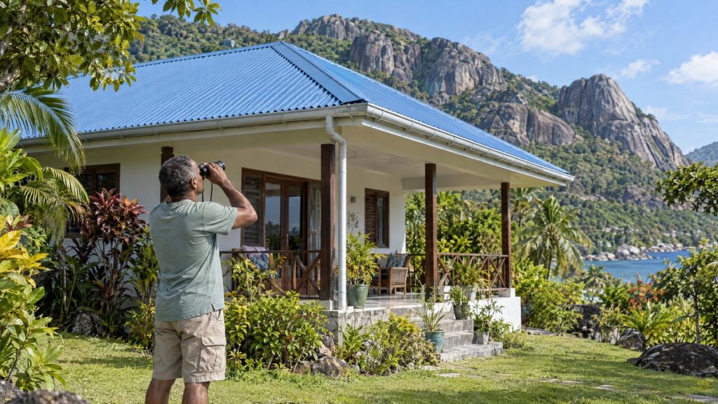 AI-generated illustration of a Seychelles family safely observing a roof before strong winds.