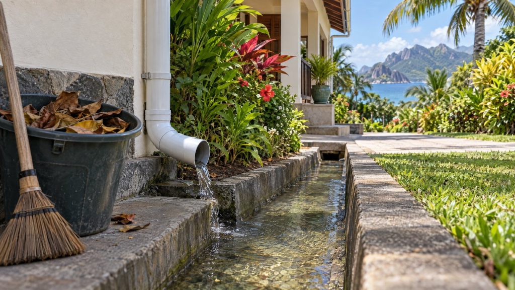 AI-generated illustration of a Seychelles hillside home with visible gutters and drainage during rain.