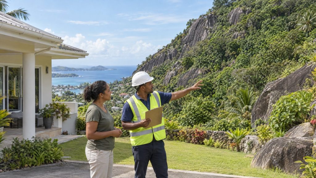 AI-generated illustration of a safe-distance observer noticing possible slope warning signs in Seychelles.
