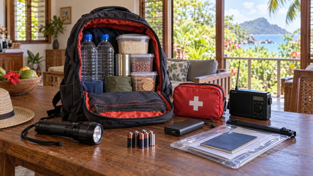 AI-generated illustration of an emergency kit with household and pet supplies in a Seychelles home.