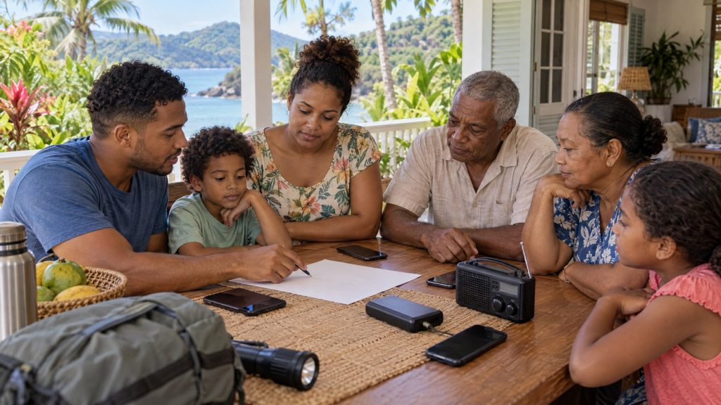 AI-generated illustration of a Seychelles family preparing communication cards and phones.