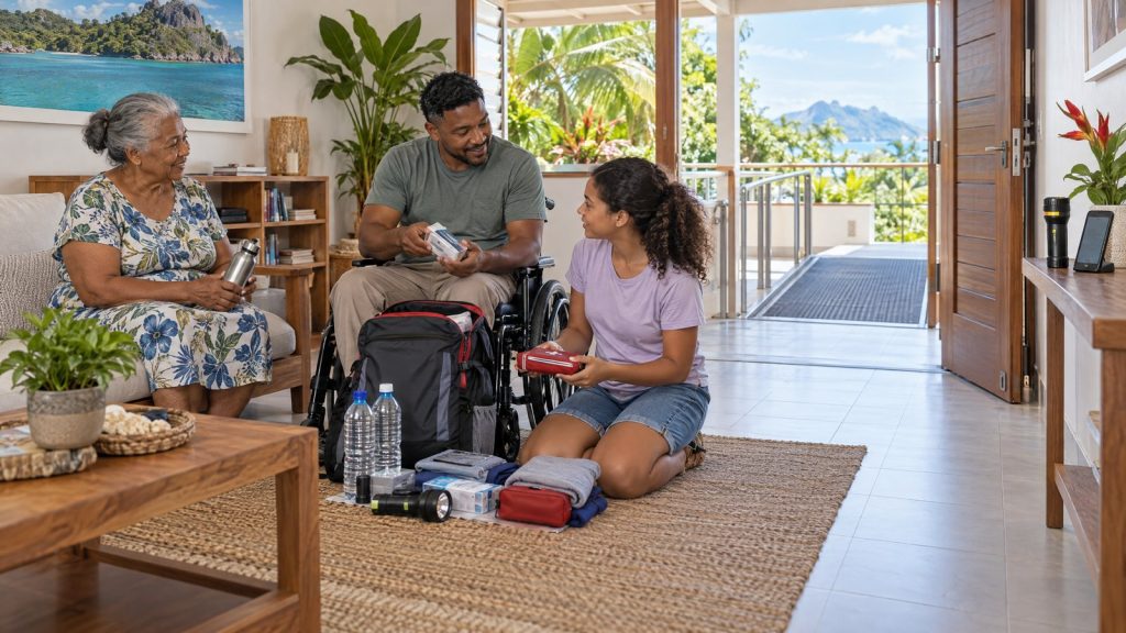 AI-generated illustration of an older adult and family helper preparing an accessible kit in a Seychelles home.
