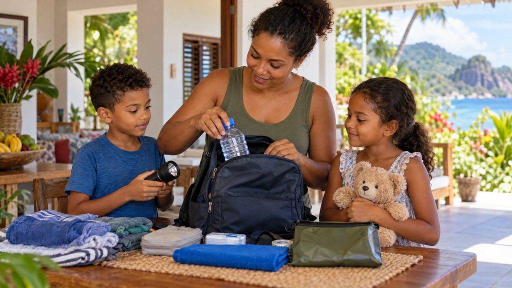 AI-generated illustration of Seychelles children helping pack a child-friendly emergency kit.