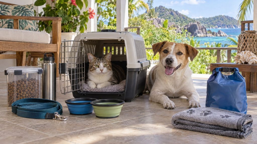 AI-generated illustration of a Seychelles household preparing a dog carrier, food, water and leash.