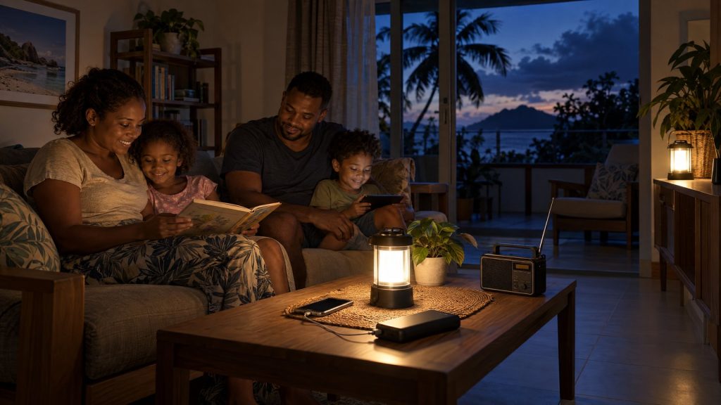 AI-generated illustration of a Seychelles household using safe battery lighting during a power outage.