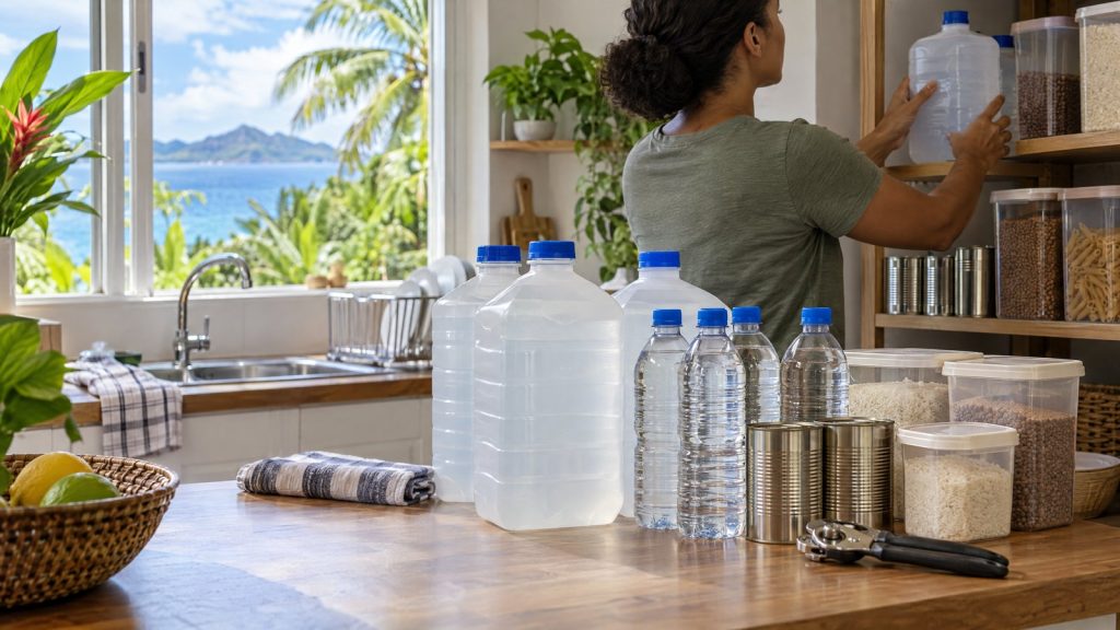 AI-generated illustration of a Seychelles home kitchen with elevated sealed water containers and emergency food arranged safely.