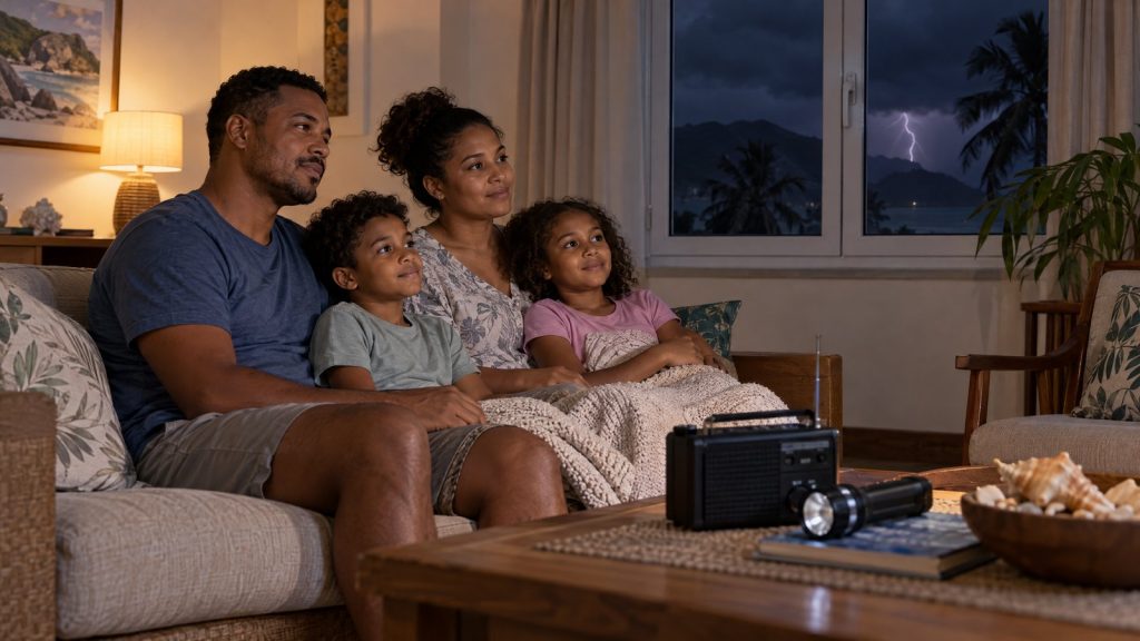 AI-generated illustration of a Seychelles household safely sheltering indoors during a tropical thunderstorm with a battery lantern.
