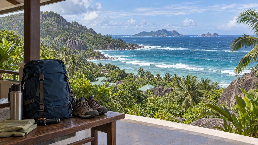 AI-generated illustration of a Seychelles coastal household preparing a grab-bag safely away from rough waves.