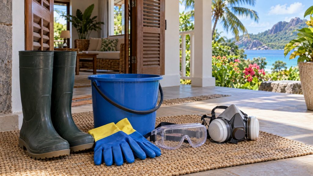 AI-generated illustration of safe, careful drying and cleaning in a humid Seychelles home after flooding.