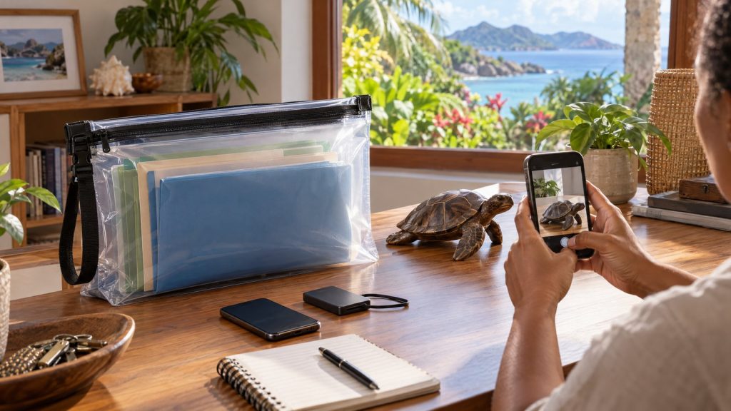 AI-generated illustration of a Seychelles household organising protected documents and a private home inventory.