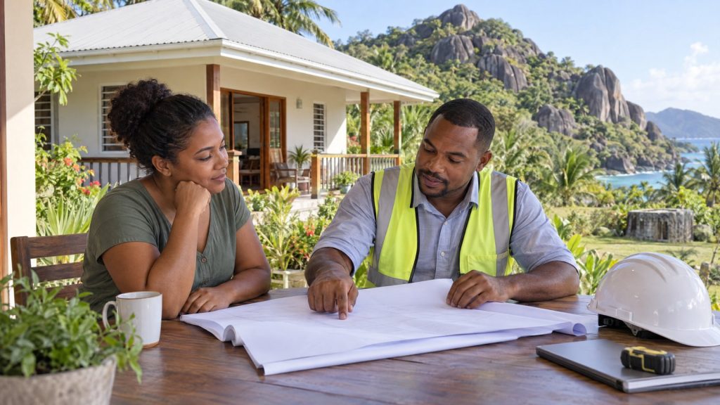 AI-generated illustration of a Seychelles homeowner planning a safe renovation with a qualified professional.