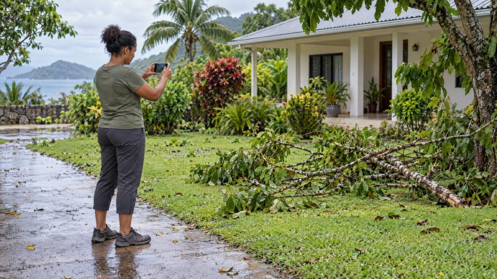 AI-generated illustration of a Seychelles resident safely documenting storm damage while a professional assesses the home.