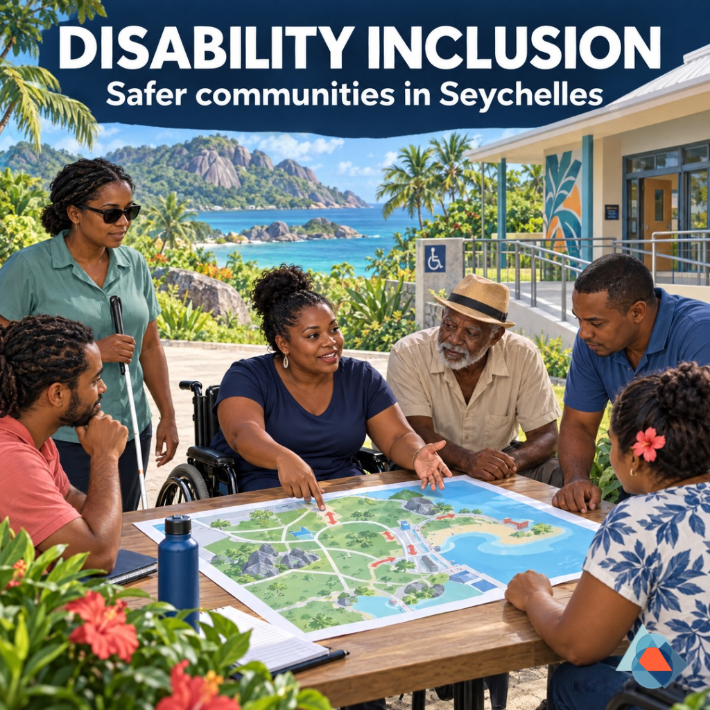 Conceptual illustration of diverse people with and without disabilities shaping an accessible disaster warning and evacuation plan for a Seychelles island community; not a documentary event.