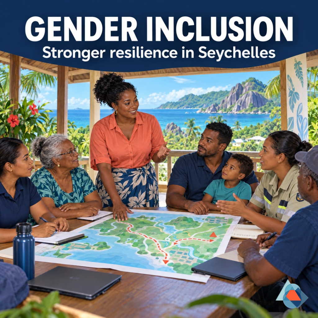 Original AI-generated conceptual illustration of a woman leading a Seychelles community preparedness discussion, with women and men of different ages and a father with a child reviewing a map; not an actual event.