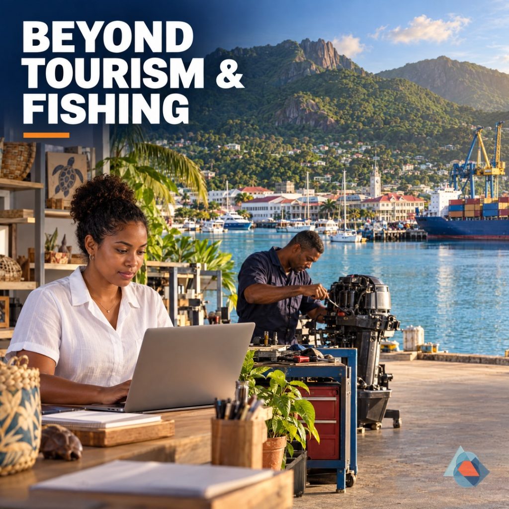 Seychelles Beyond Tourism. Original AI-generated Seychelles editorial illustration with a clear headline and the official blue/orange geometric DRRM watermark.