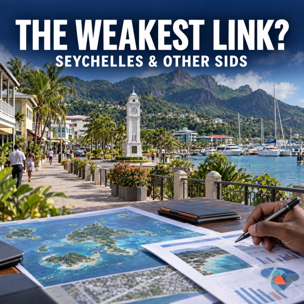 Seychelles Development Links. Original AI-generated Seychelles editorial illustration with a clear headline and the official blue/orange geometric DRRM watermark.