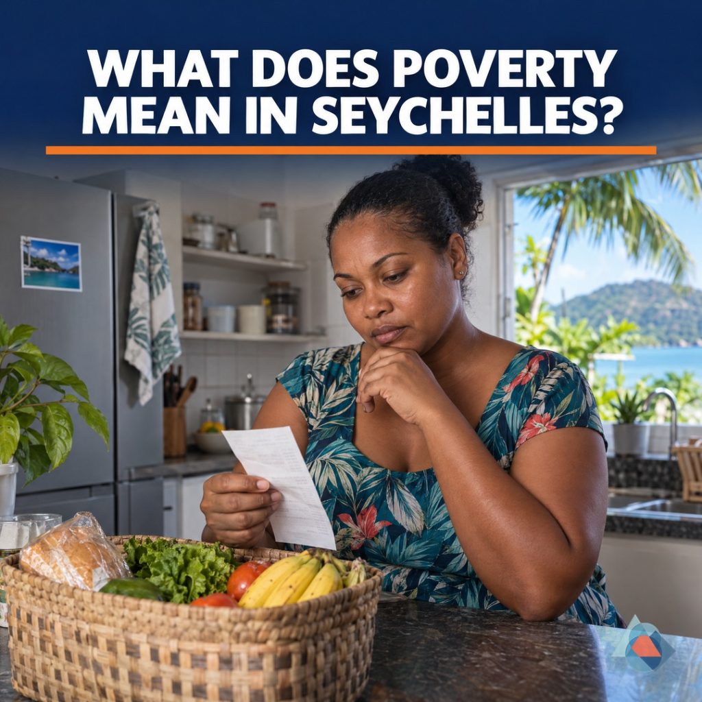 What Does Poverty Mean in Seychelles?. Original AI-generated Seychelles editorial illustration with a clear headline and the official blue/orange geometric DRRM watermark.