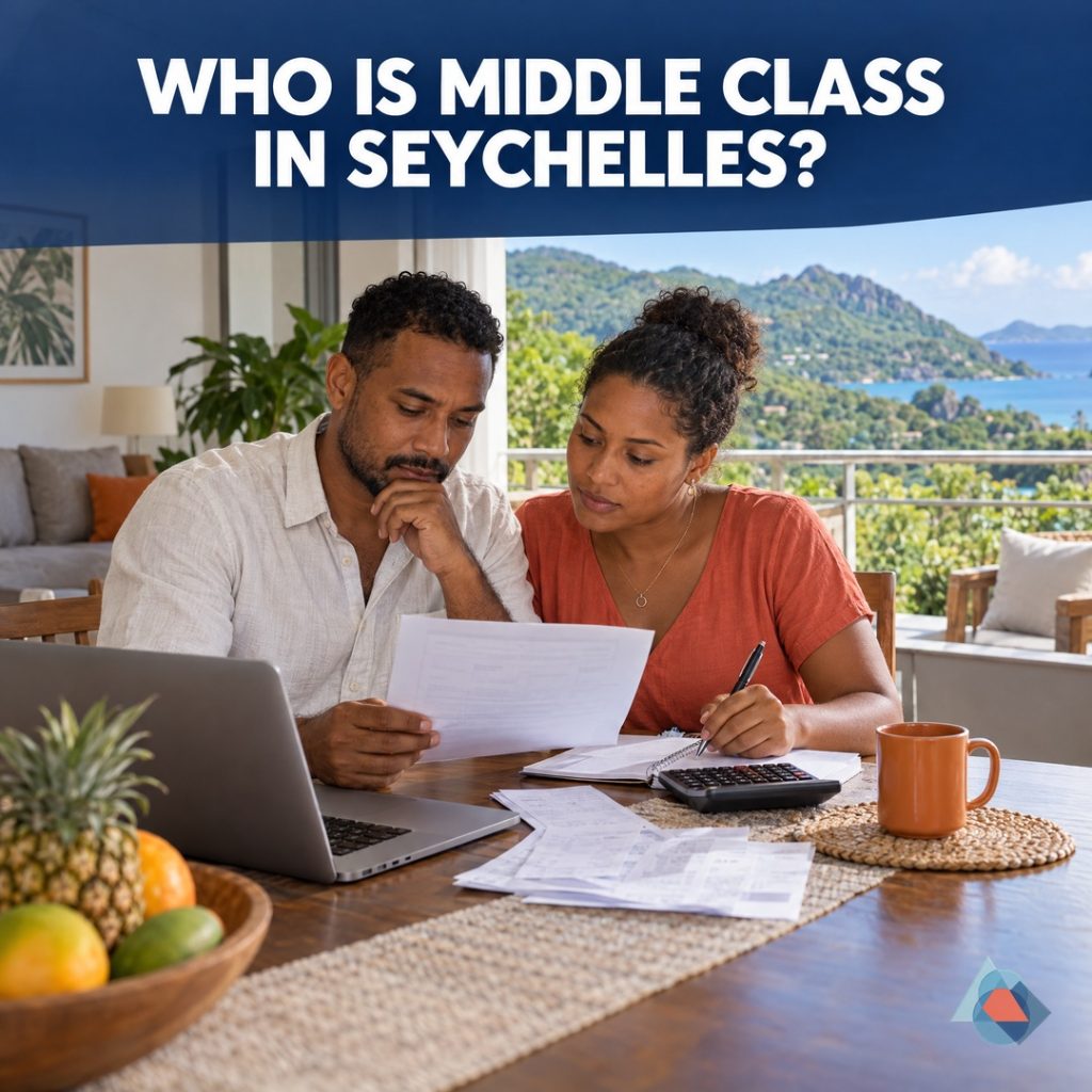 What Does It Mean to Be Middle Class in Seychelles?. Original AI-generated Seychelles editorial illustration with a clear headline and the official blue/orange geometric DRRM watermark.