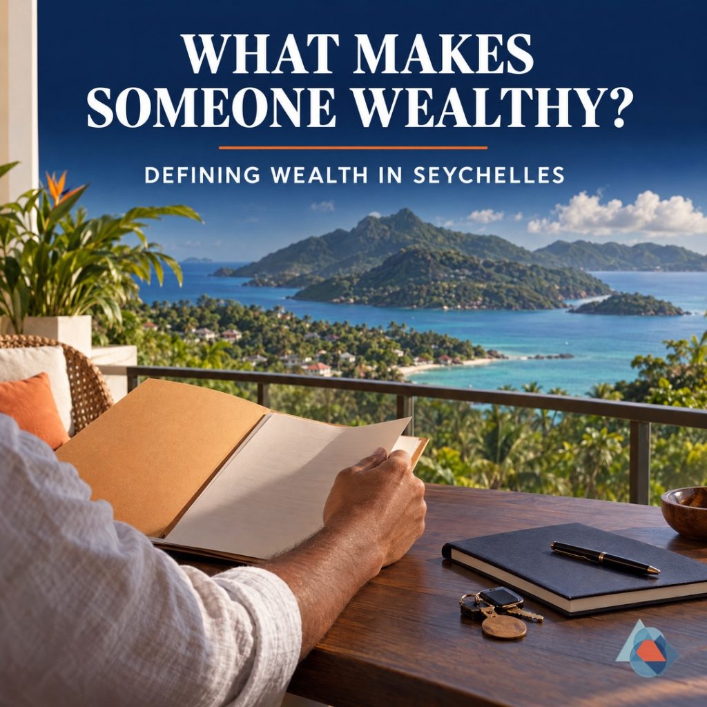 What Counts as Rich or Wealthy in Seychelles?. Original AI-generated Seychelles editorial illustration with a clear headline and the official blue/orange geometric DRRM watermark.