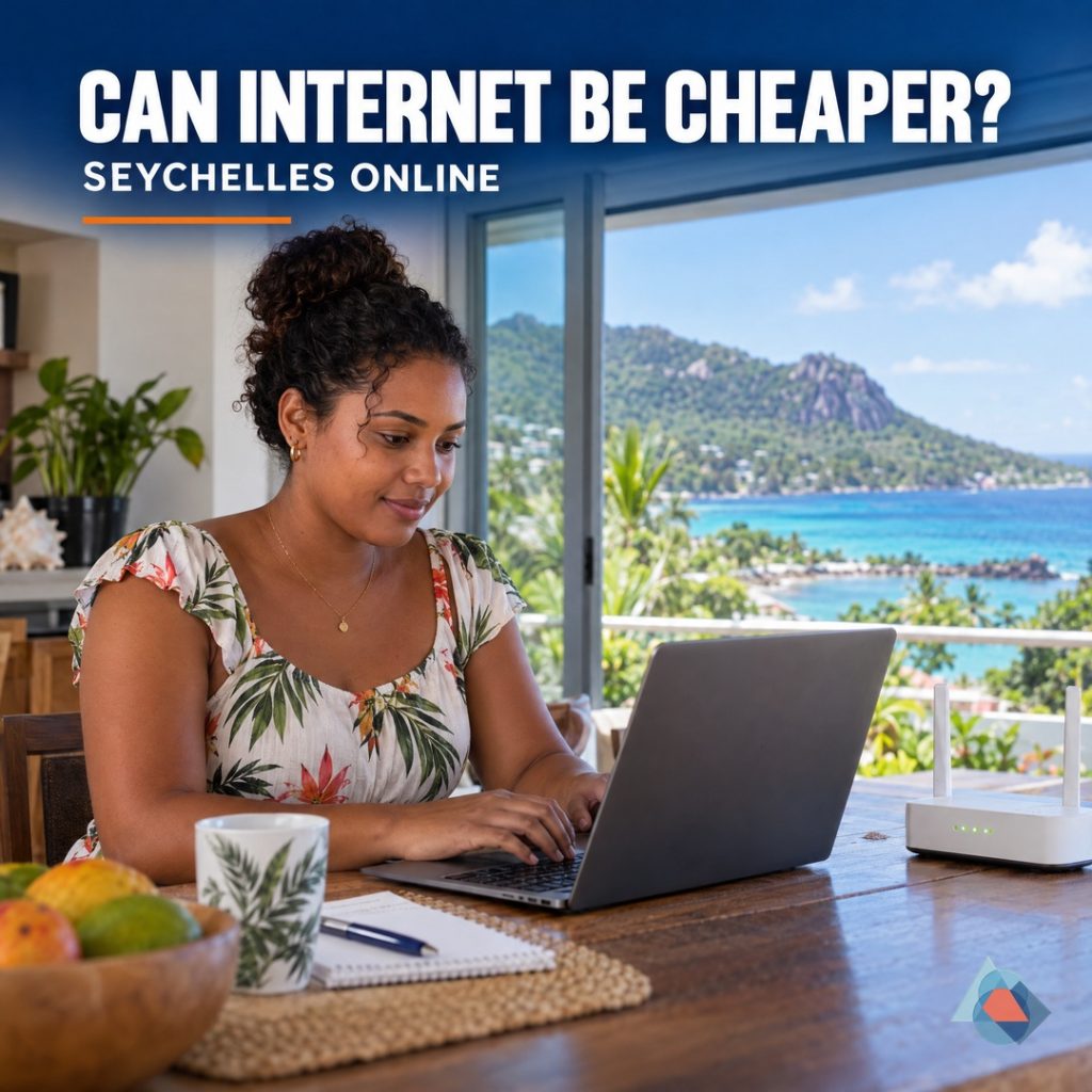 AI-generated editorial illustration about broadband costs in Seychelles, with a clear title and the official blue/orange geometric DRRM watermark.