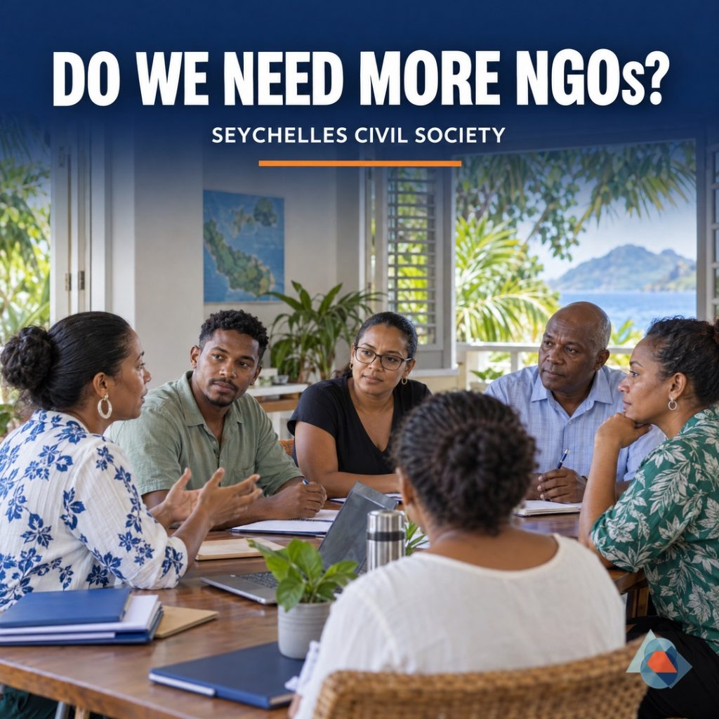 Does Seychelles Need More NGOs? The Better Question Is Where Capacity Is Missing. Original AI-generated Seychelles editorial illustration with a clear headline and the official blue/orange geometric DRRM watermark.