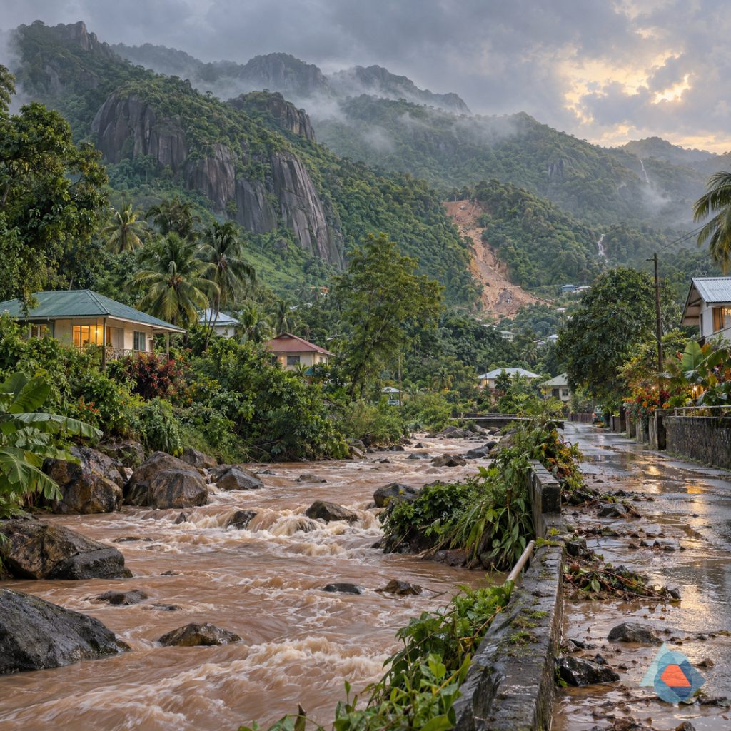 Original editorial illustration for Seychelles’ December 2023 rain disaster: turning a record deluge into practical resilience; not an event photograph.