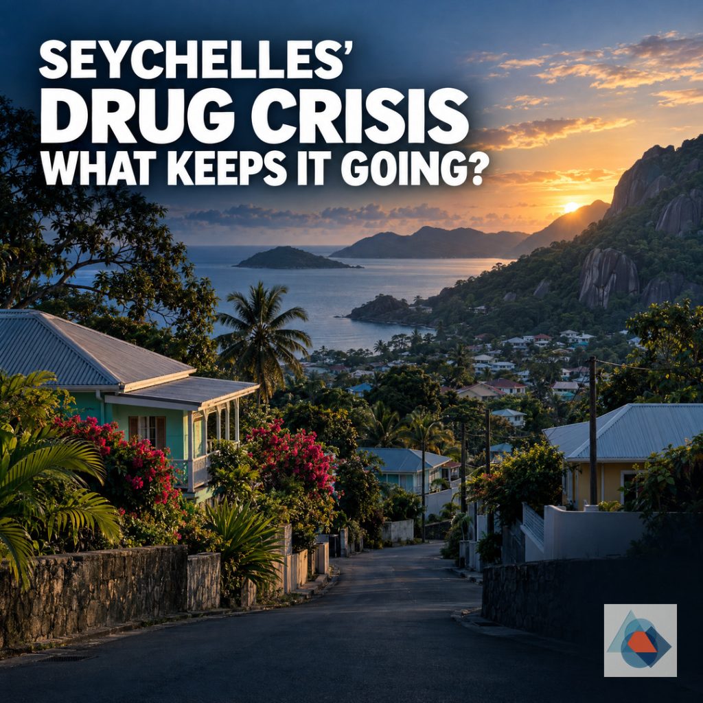 AI-generated editorial image of a Seychelles-style hillside neighbourhood at sunrise, with the title “Seychelles’ drug crisis: What keeps it going?” and the official DRRM blue-and-orange geometric watermark.