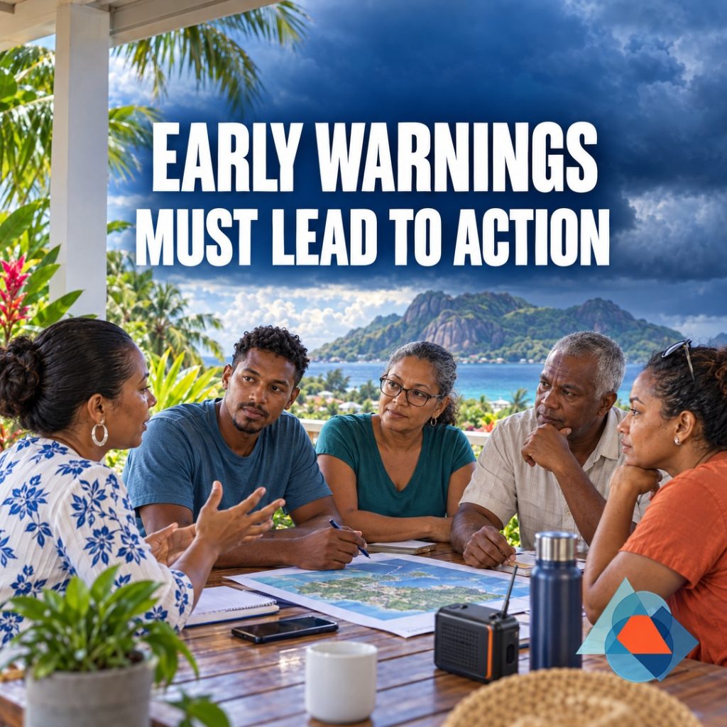 EW4All in Seychelles: From Warning to Action. Original AI-generated Seychelles editorial artwork with a title and the approved geometric DRRM logo watermark.