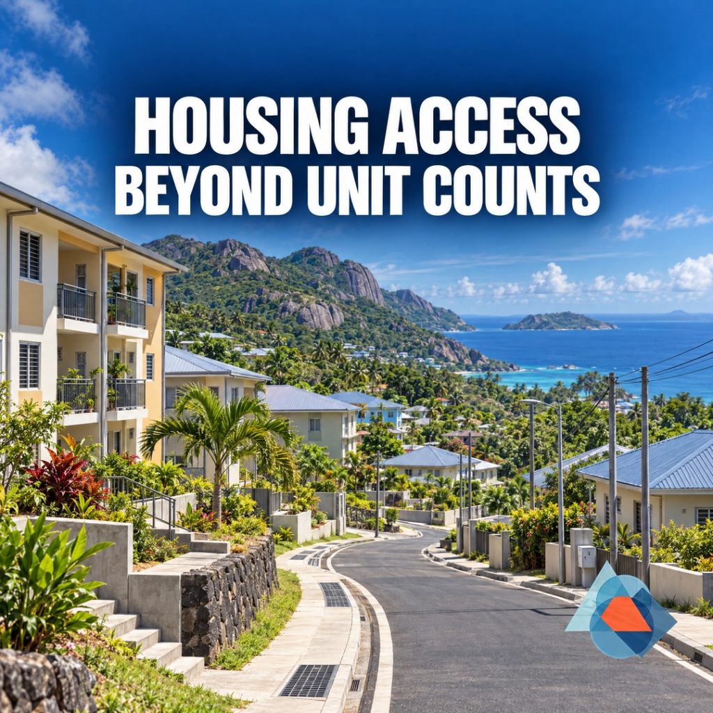 Housing Access: Beyond Unit Counts. Original AI-generated Seychelles editorial artwork with a title and the approved geometric DRRM logo watermark.