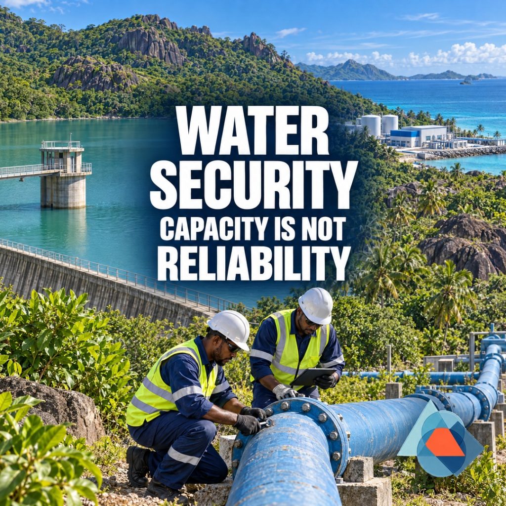 Water Security: Capacity Is Not Reliability. Original AI-generated Seychelles editorial artwork with a title and the approved geometric DRRM logo watermark.
