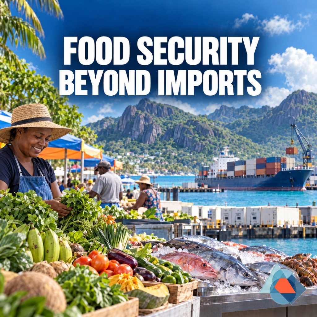 Seychelles food security: resilience beyond import substitution. Original AI-generated Seychelles editorial artwork with a title and the approved geometric DRRM logo watermark.