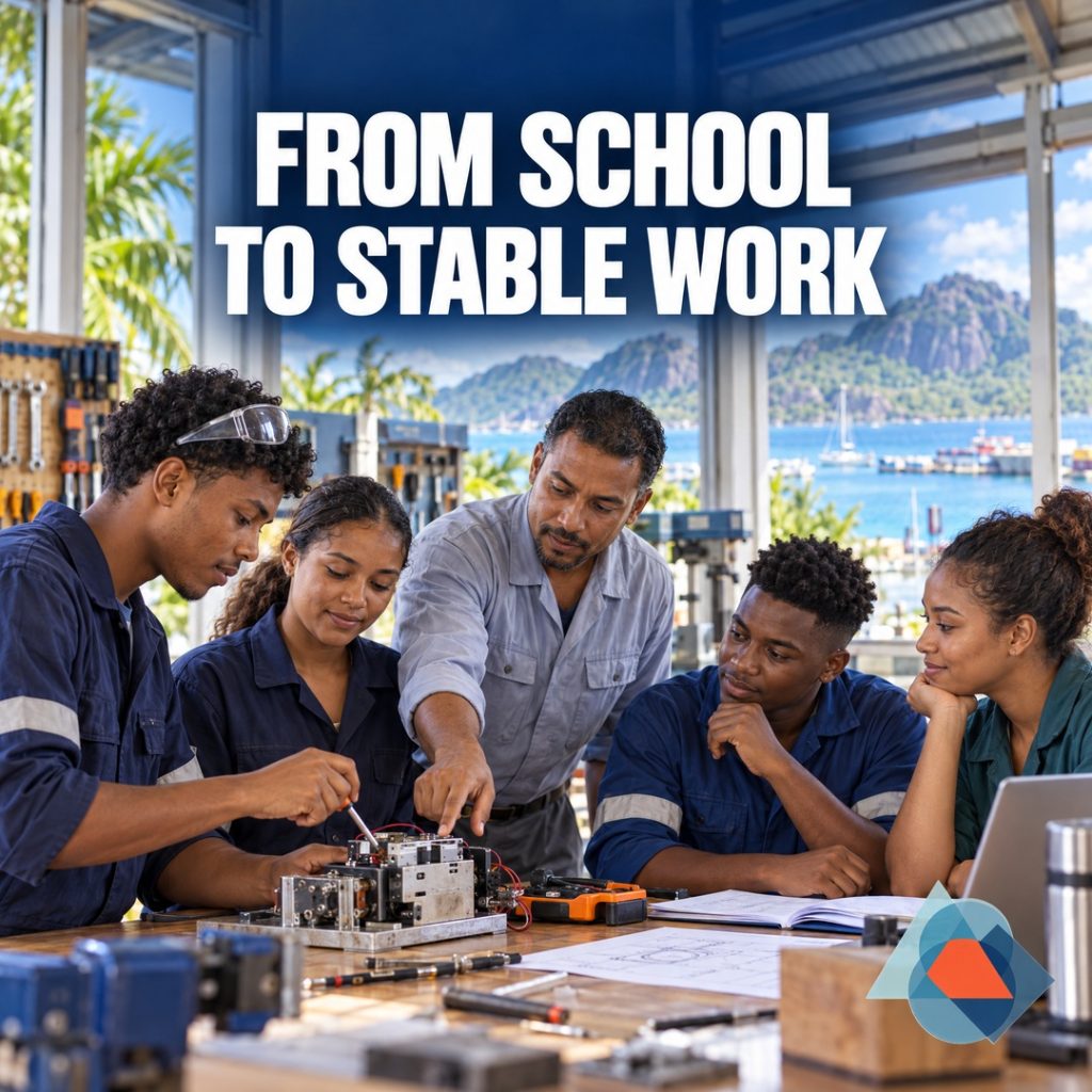 From school to stable work: what Seychelles should measure. Original AI-generated Seychelles editorial artwork with a title and the approved geometric DRRM logo watermark.