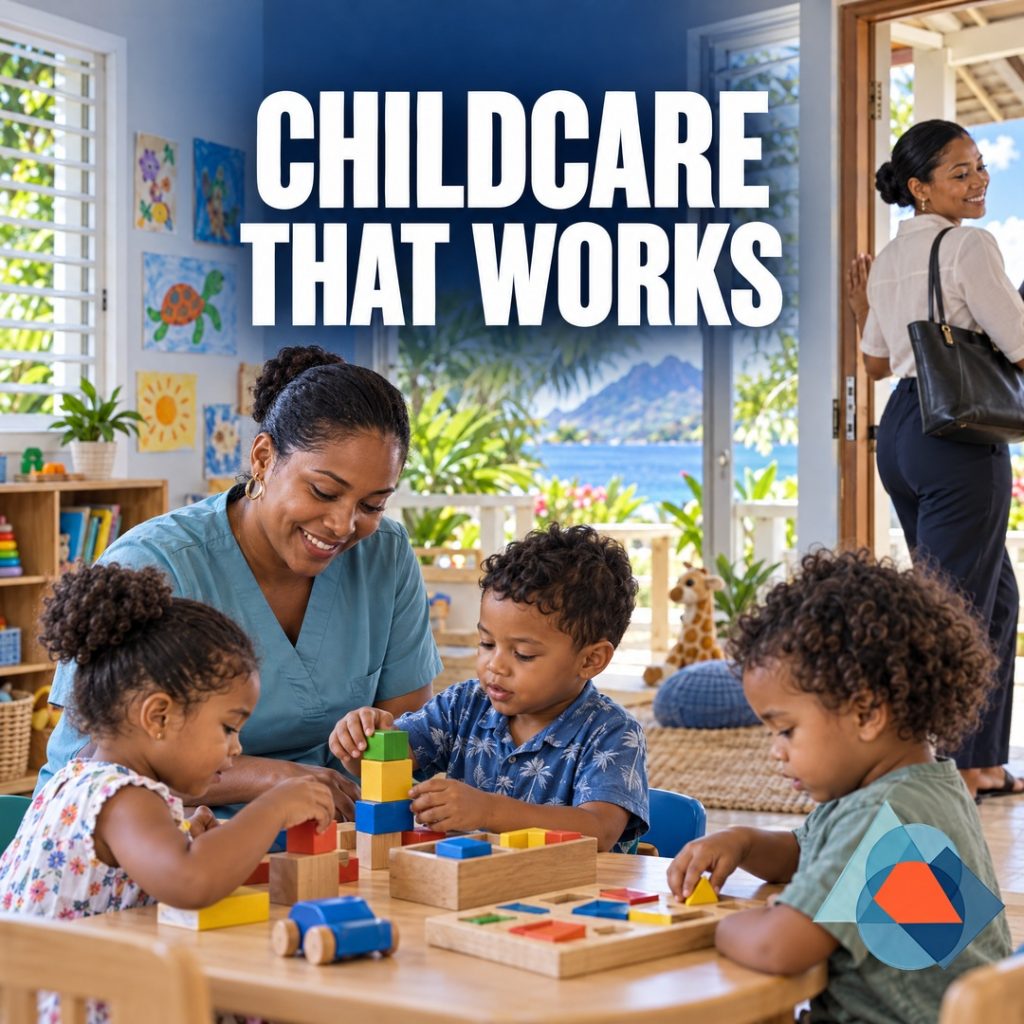 Childcare, care responsibilities and the ability to earn. Original AI-generated Seychelles editorial artwork with a title and the approved geometric DRRM logo watermark.