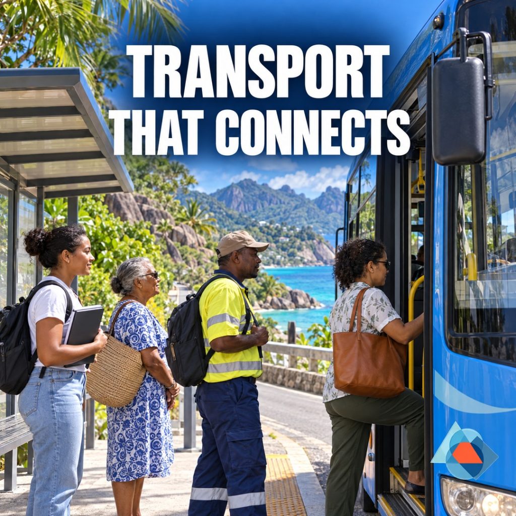 Public transport, commute costs and access to opportunity. Original AI-generated Seychelles editorial artwork with a title and the approved geometric DRRM logo watermark.