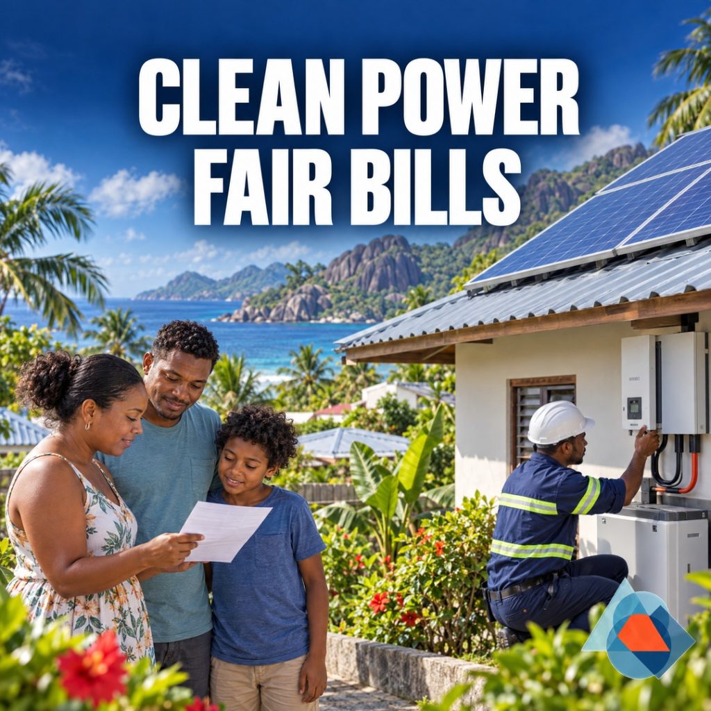 Energy security: who pays for the transition?. Original AI-generated Seychelles editorial artwork with a title and the approved geometric DRRM logo watermark.