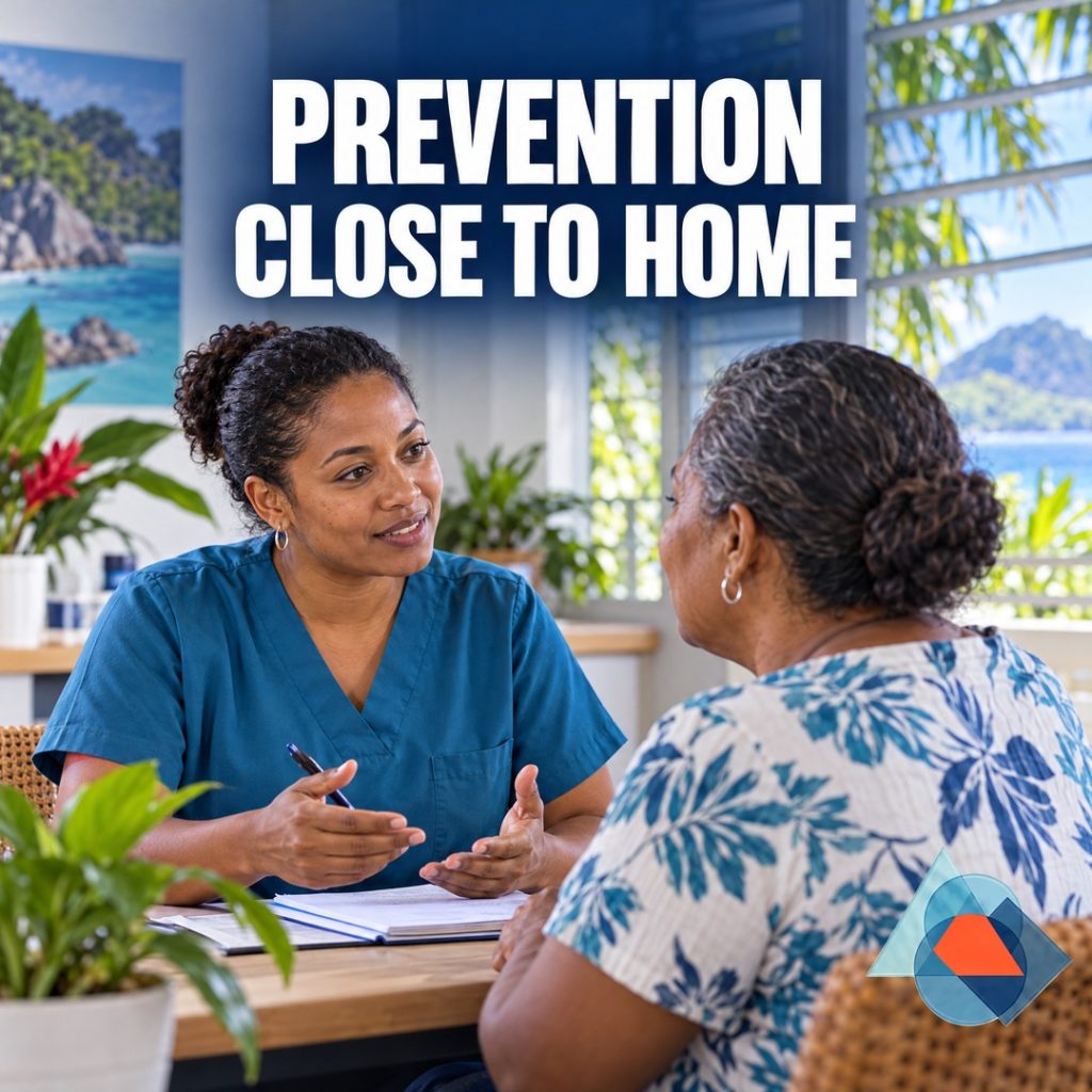 Primary care: prevention that reaches people. Original AI-generated Seychelles editorial artwork with a title and the approved geometric DRRM logo watermark.