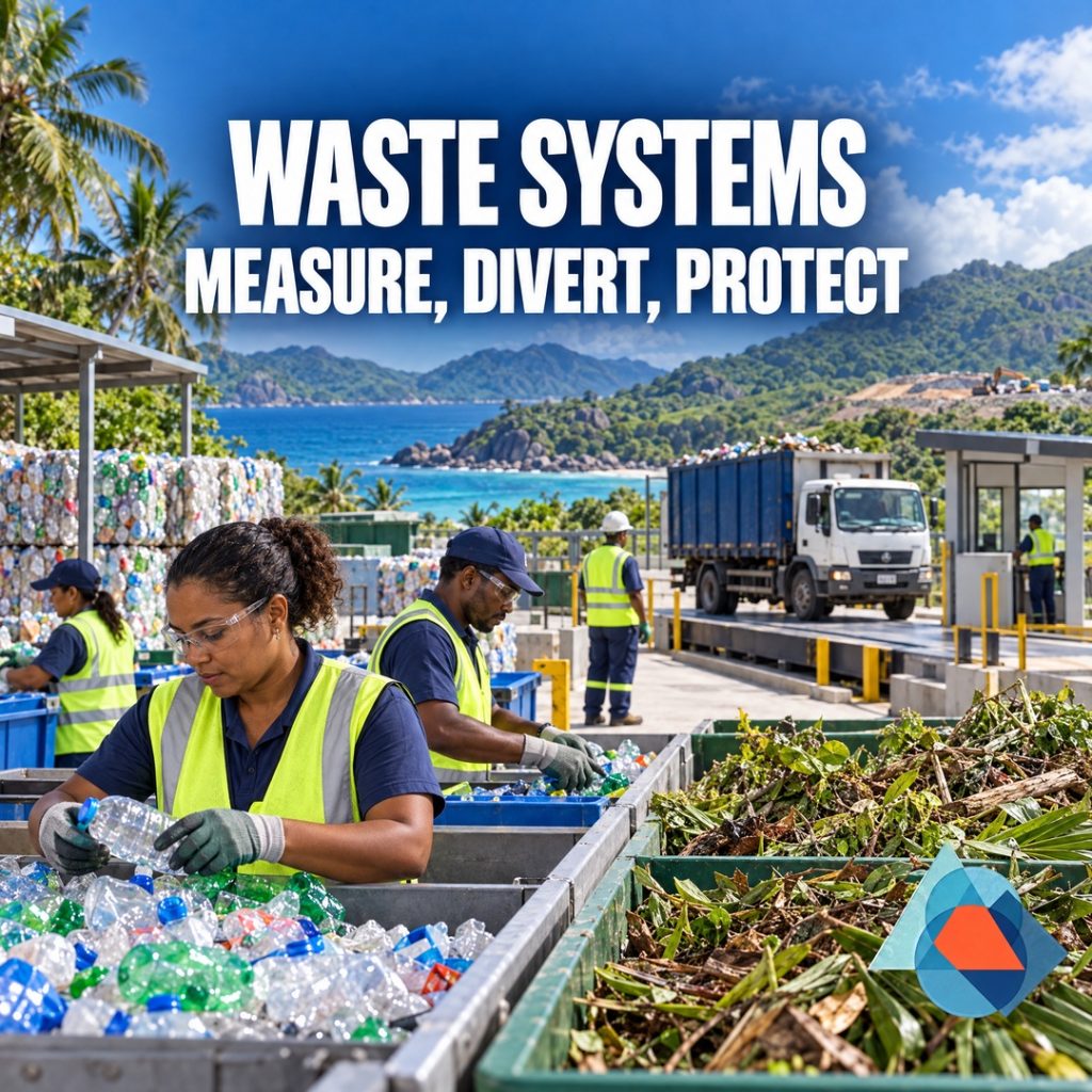 Seychelles’ waste system: measure, divert, protect scarce land. Original AI-generated Seychelles editorial artwork with a title and the approved geometric DRRM logo watermark.