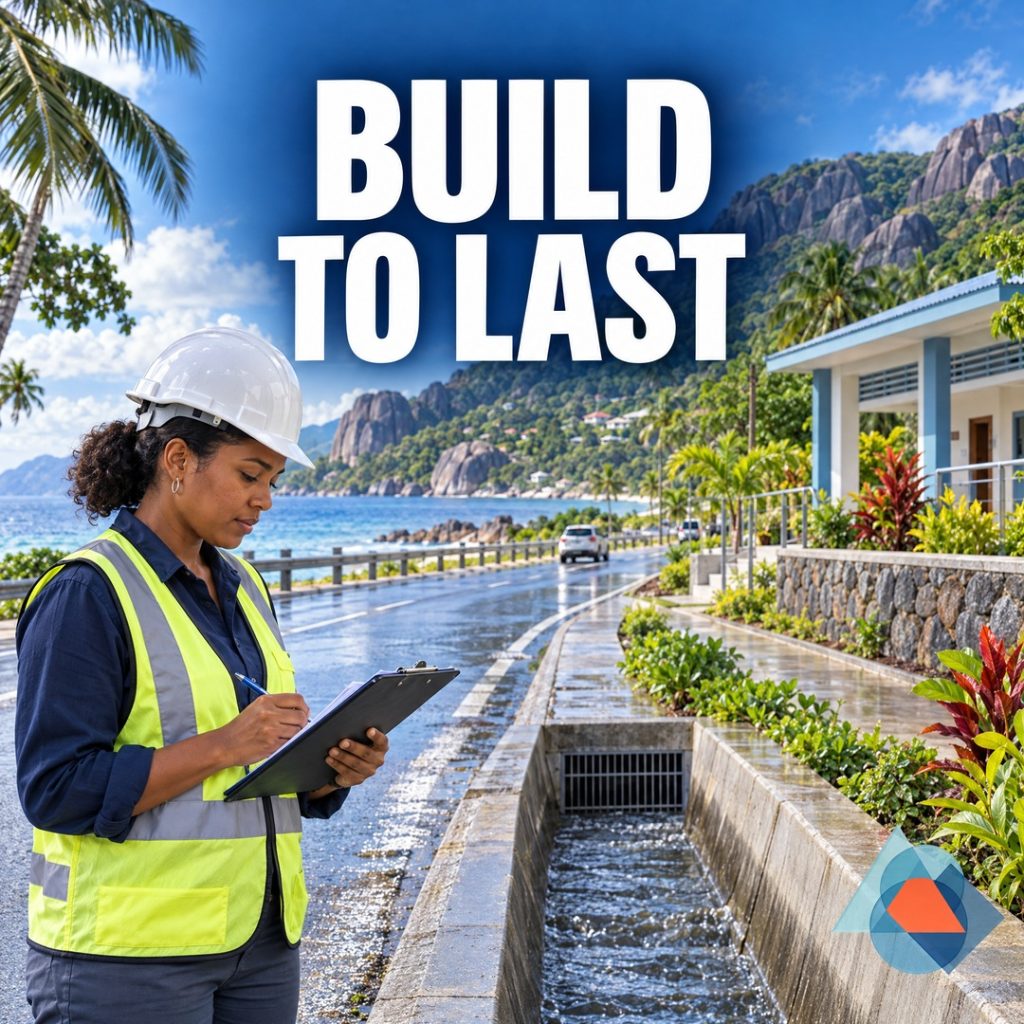 Public investment is resilient only when it can be maintained. Original AI-generated Seychelles editorial artwork with a title and the approved geometric DRRM logo watermark.