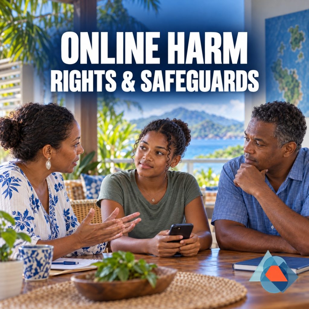 Online harm, rights and safeguards. Original AI-generated Seychelles editorial artwork with a title and the approved geometric DRRM logo watermark.