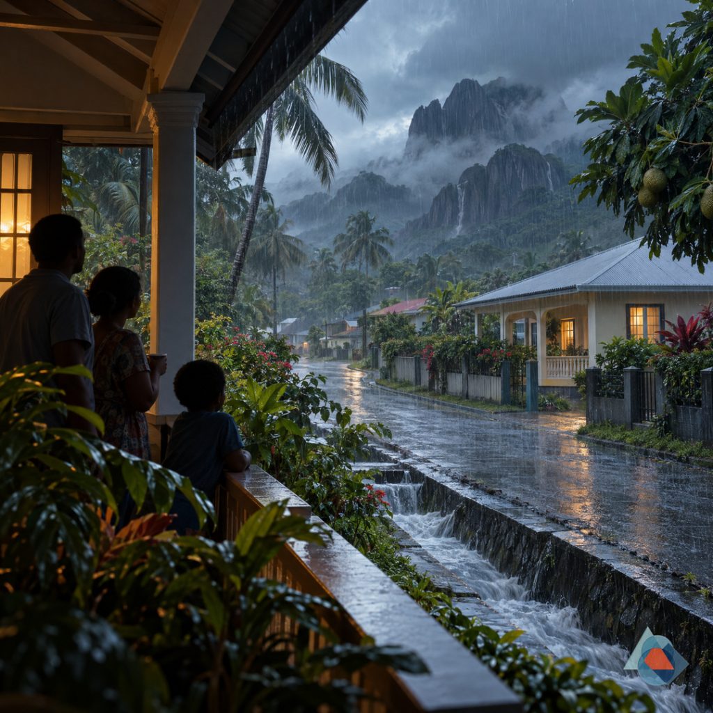 Original editorial illustration for After Seychelles’ October Rains, Preparedness Must Keep Pace With Recovery; not an event photograph.