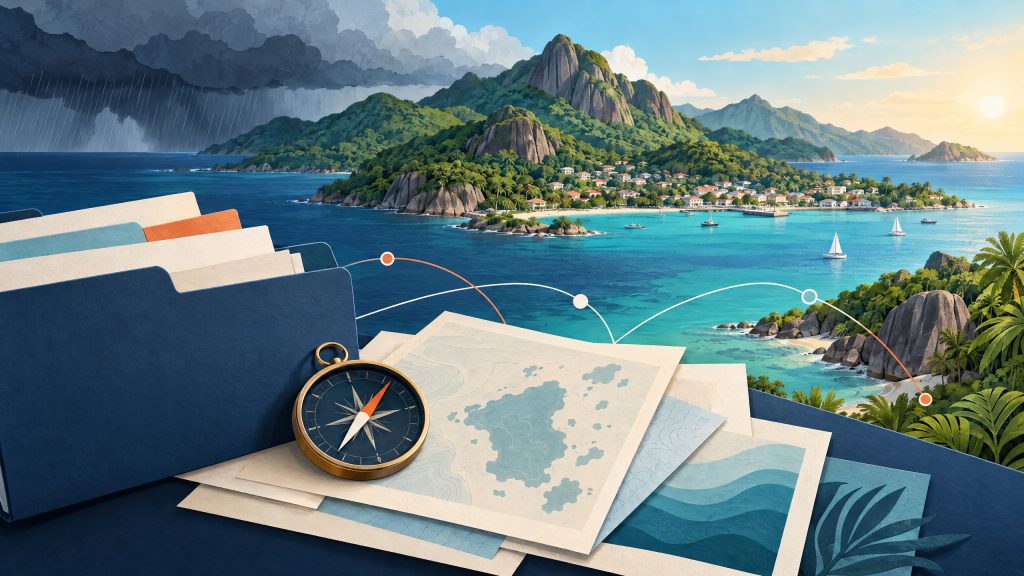 Conceptual illustration of a Seychelles-inspired island landscape, archive papers and a compass, representing disaster-management history.