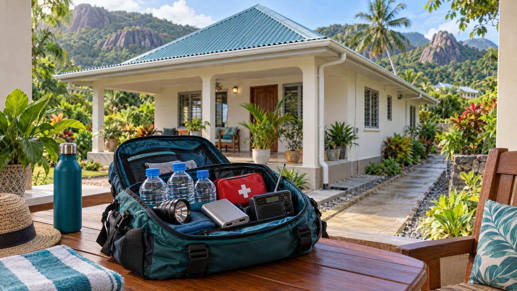 AI-generated illustration of a Seychelles-inspired home with maintained roofing and gutters, beside an emergency bag containing water, a torch, radio, first-aid supplies and a power bank.