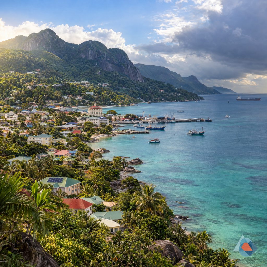 AI-generated photo-style illustration inspired by Seychelles: coastal homes, fishing boats, cargo connectivity and mountains, with the official DRRM geometric watermark. Not a documentary photograph.
